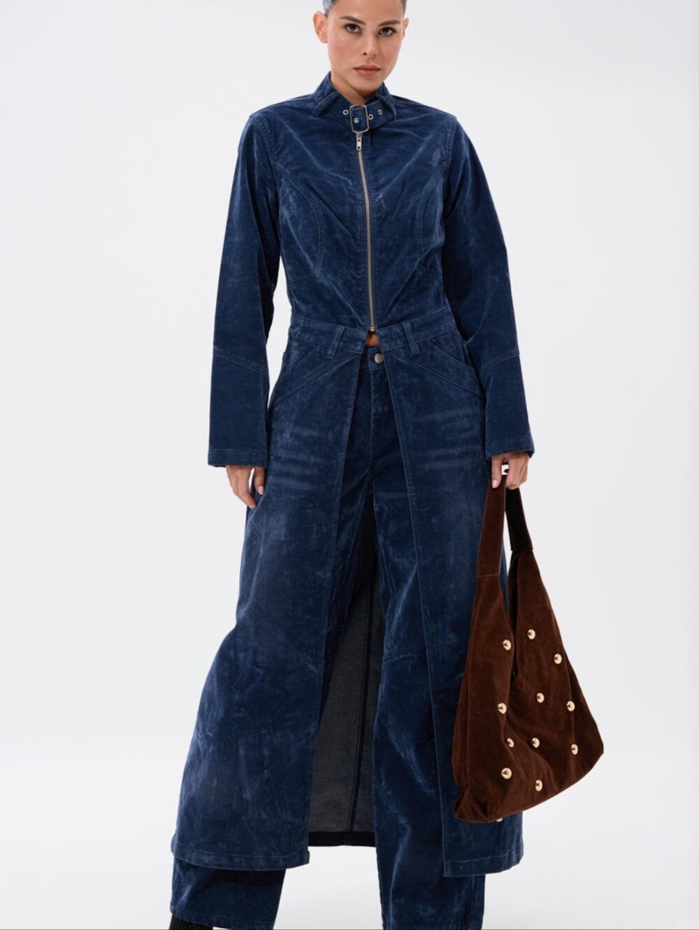 AKIRA Navy Blue VelvetTrench Coat And Matching Jeans